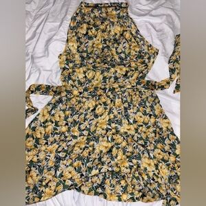 SHEIN Yellow Floral Halter Midi Dress on Green